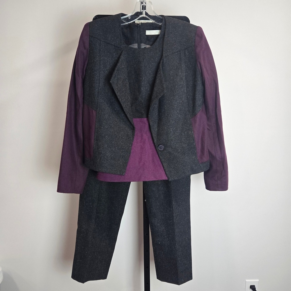 7115 by Szeki 3 Piece Wool Suit Set Blazer Top Pants Grey Purple Womens Tailored